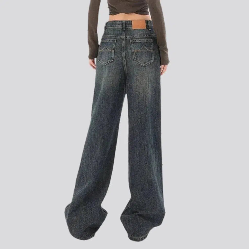 baggy, vintage, grey, sanded, whiskered, floor-length, high-waist, zipper-button, women's jeans | Jeans4you.shop
