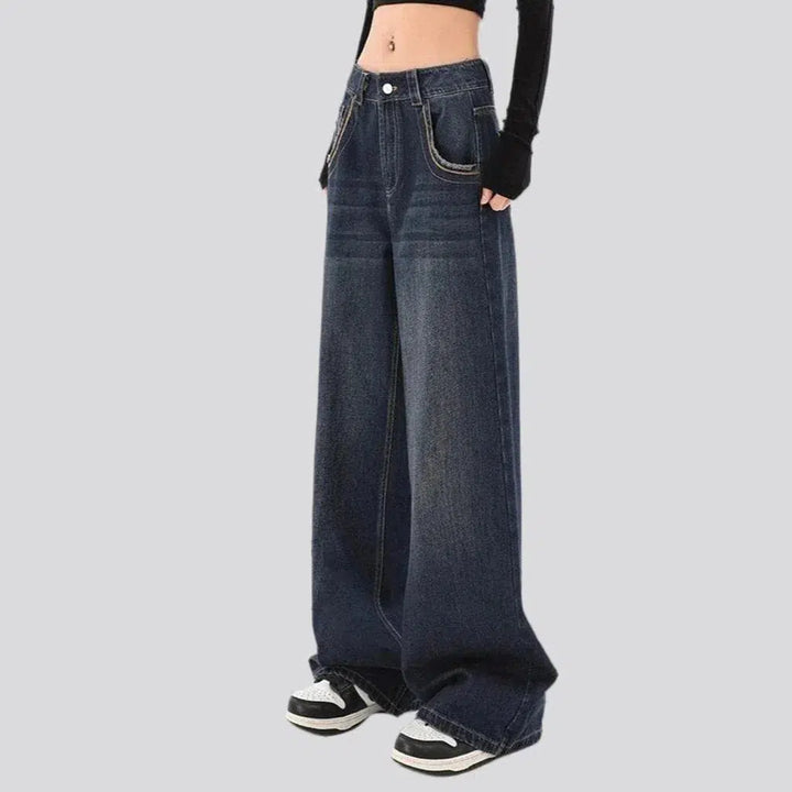 baggy, dark wash, sanded, whiskered, embroidered front pockets, floor-length, high-waist, 5-pocket, zipper-button, women's jeans | Jeans4you.shop