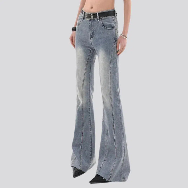bootcut, light wash, sanded, patchwork stitching, floor-length, mid-waist, 5-pocket, zipper-button, women's jeans | Jeans4you.shop