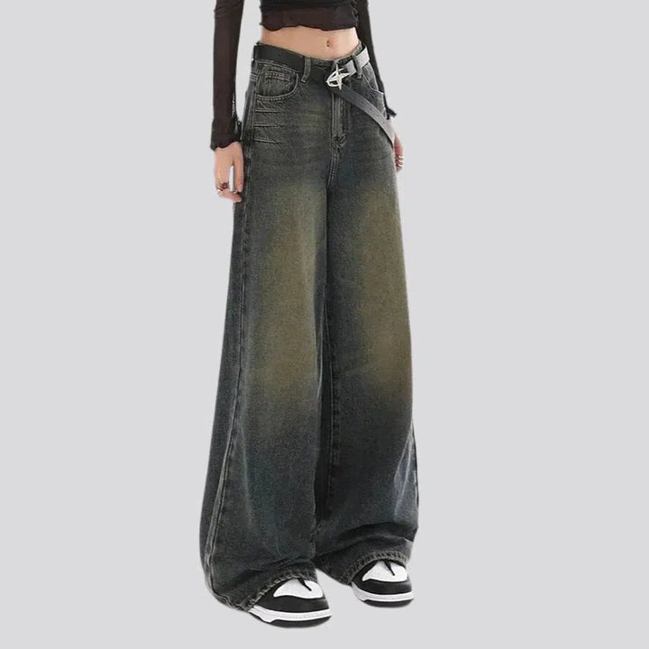 baggy, vintage, dark wash, yellow cast, floor-length, high-waist, 5-pocket, zipper-button, women's jeans | Jeans4you.shop