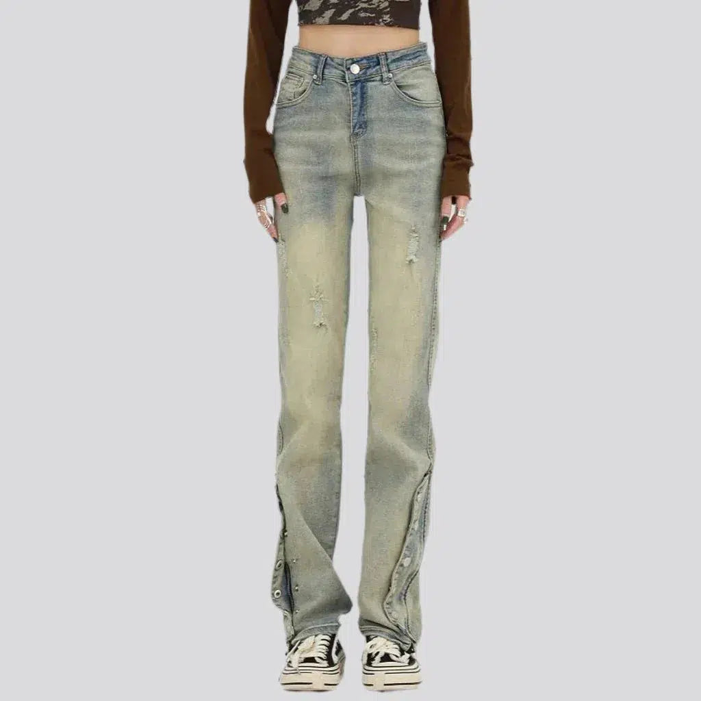 straight, vintage, sanded, buttoned closure hems, high-waist, zipper-button, 5-pocket, women's jeans | Jeans4you.shop