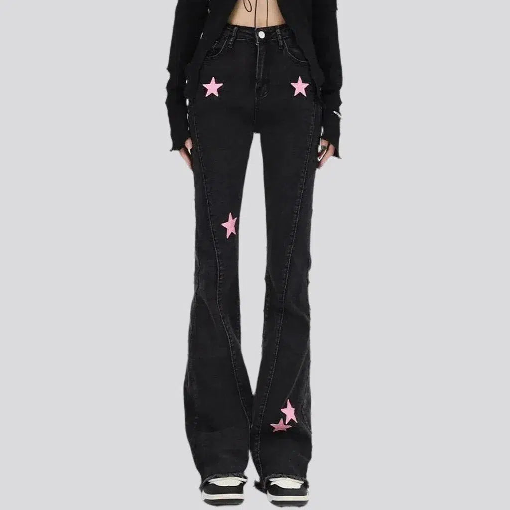 bootcut, painted, pink stars print, black, raw hem, front seams, high-waist, zipper-button, 5-pocket, women's jeans | Jeans4you.shop