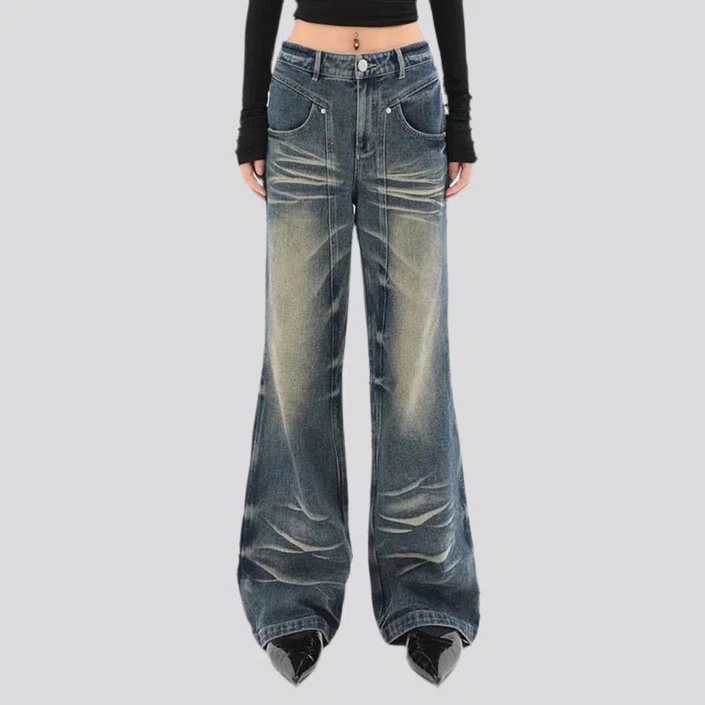 flared, sanded, vintage, medium wash, whiskered, mid-waist, zipper-button, women's jeans | Jeans4you.shop