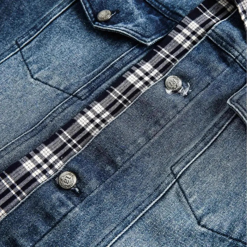 Faded mixed plaid boho jean jacket for men