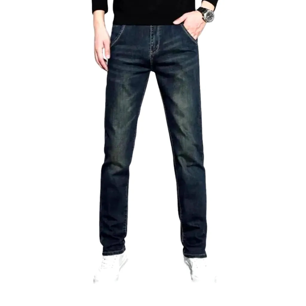 Fitted Casual Dark Distressed Jeans for Men - Dark Blue