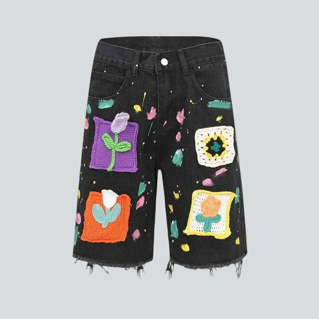 Color patchwork embroidery denim shorts