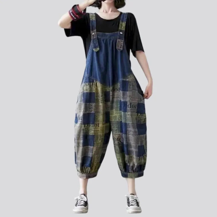 painted, baggy, checkered, inscribed, rubber-hem, suspenders, women's jumpsuit | Jeans4you.shop