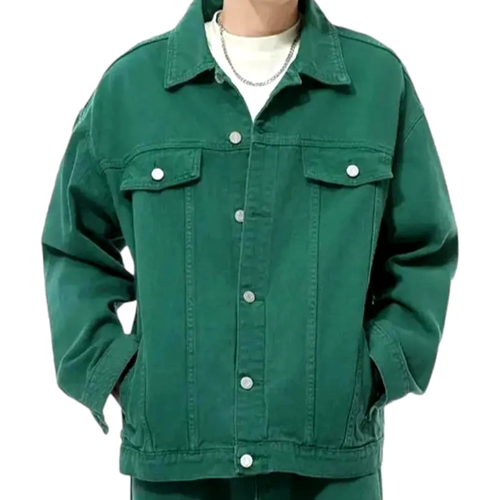 Fashionable Color Pattern Denim Jacket for Men - Green