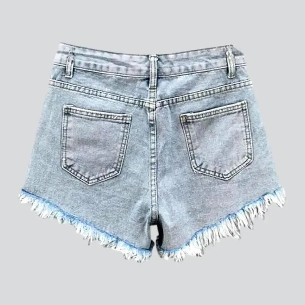 Light-wash embellished denim shorts