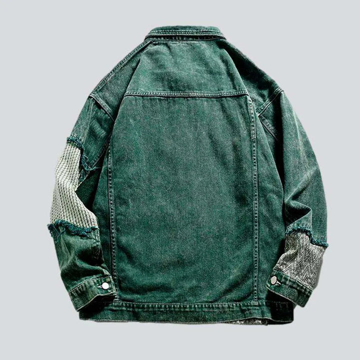 Patchwork green men's denim jacket