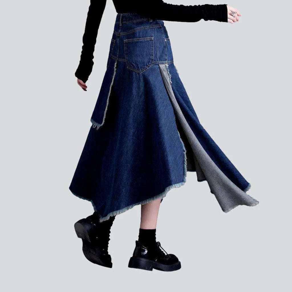 Asymmetric patchwork long denim skirt