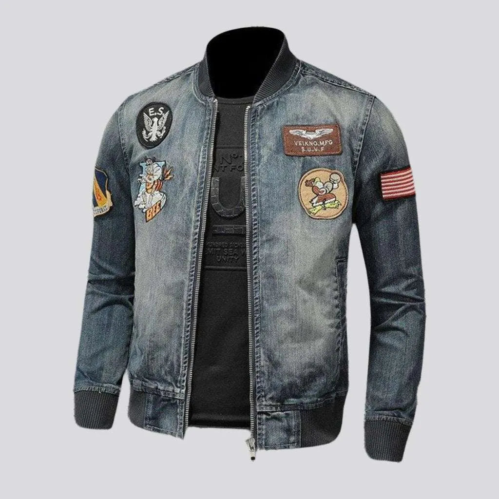 Vintage bomber patched denim jacket