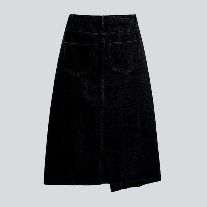Asymmetric black long denim skirt