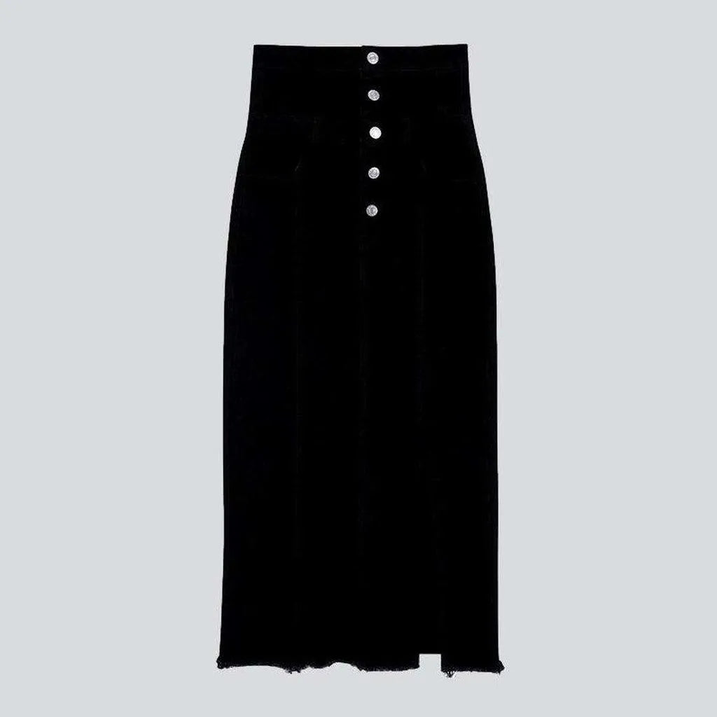 Exposed buttons denim long skirt