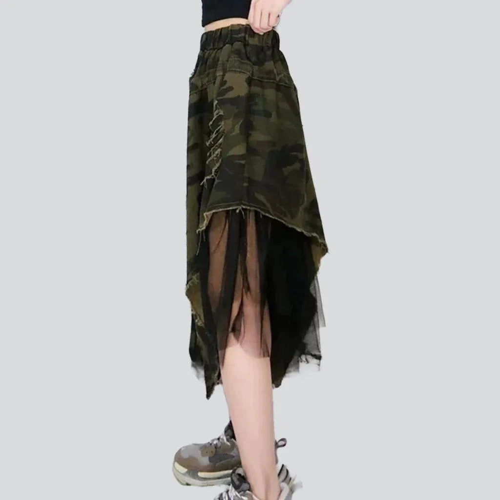 Distressed urban midi denim skirt