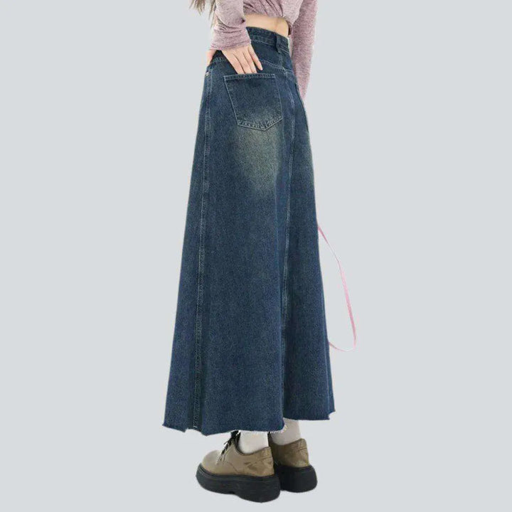 A-line sanded long denim skirt
