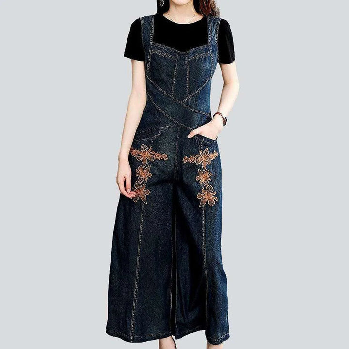 Wide-leg embroidered denim overall