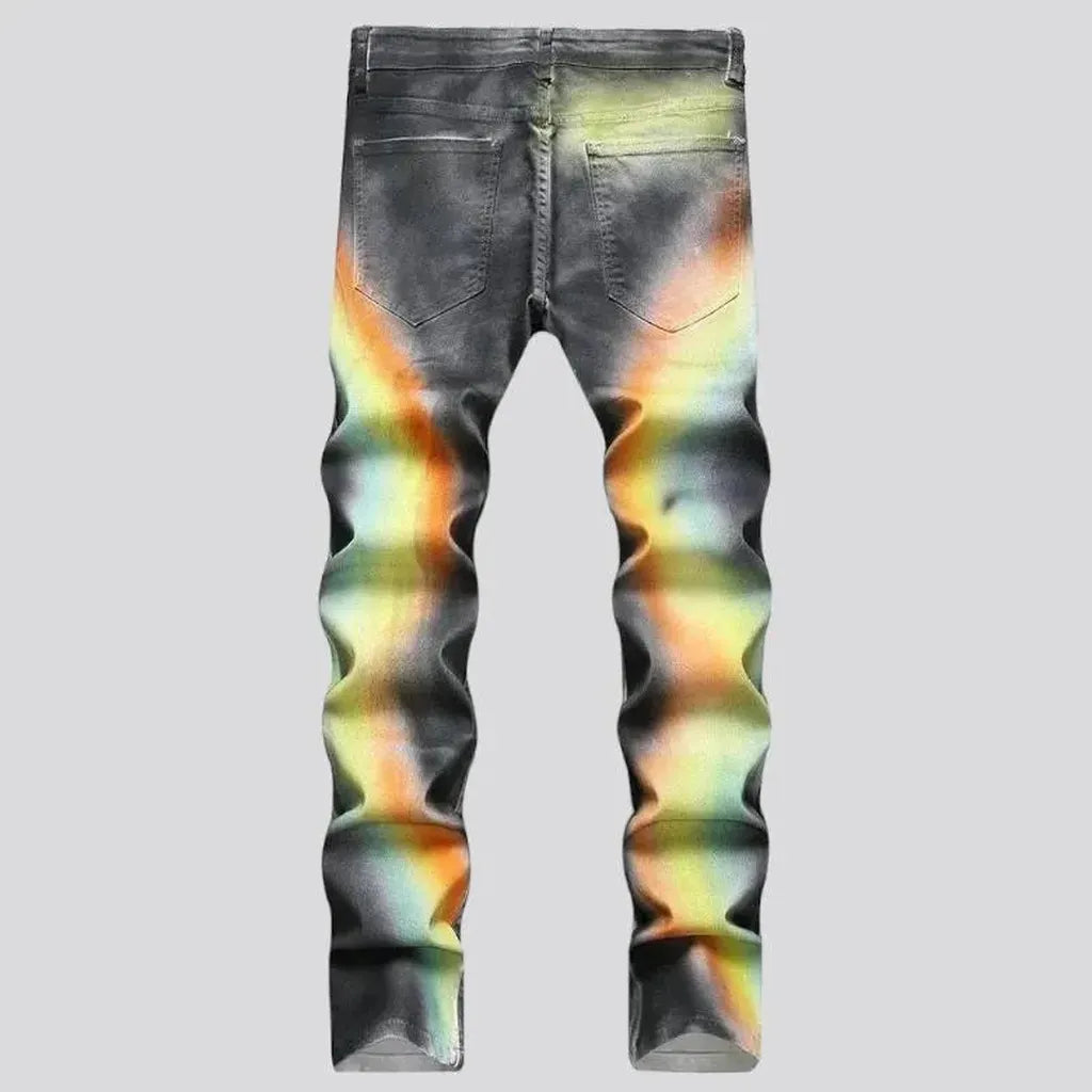 Rainbow-print men's painted jeans