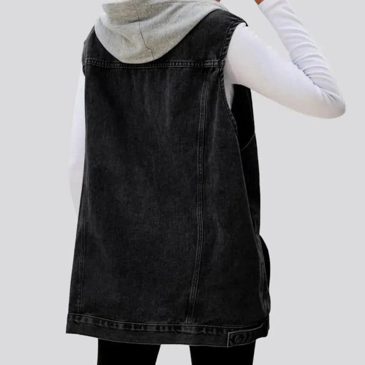 Mixed-fabrics hooded denim vest
 for women