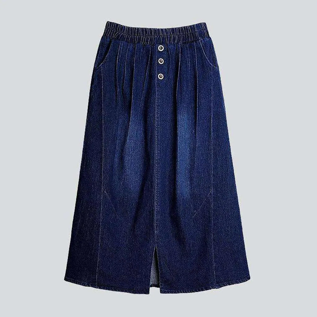 Pleated waistline long denim skirt