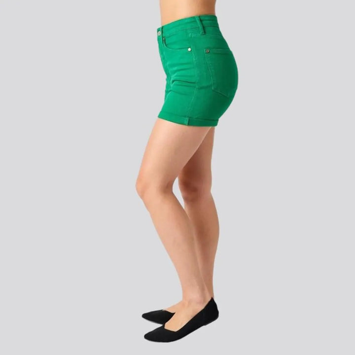 Green color jeans shorts
 for ladies