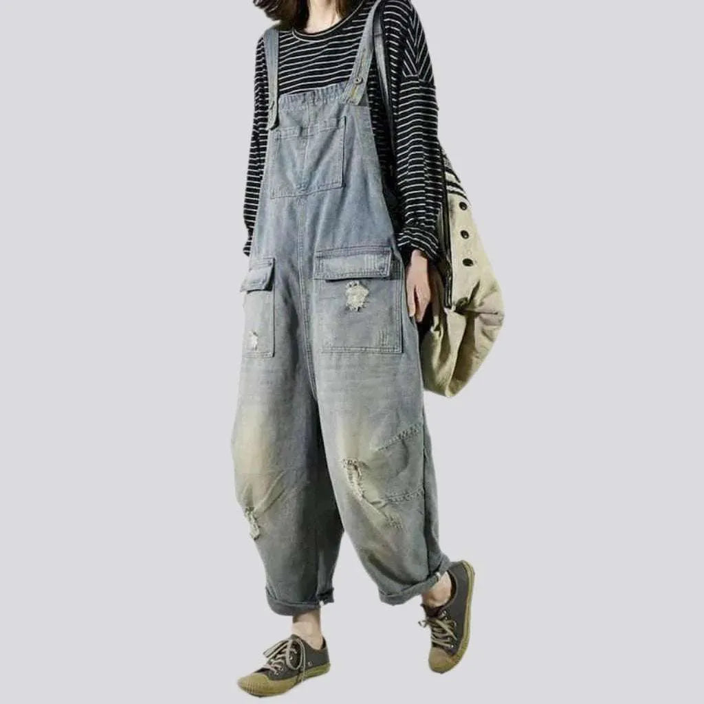 Sanded vintage denim jumpsuit
 for women