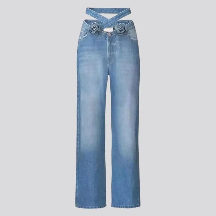 light-wash, wide-leg, sanded, belt-waistline, mid-waist, zipper-button, women's jeans | Jeans4you.shop