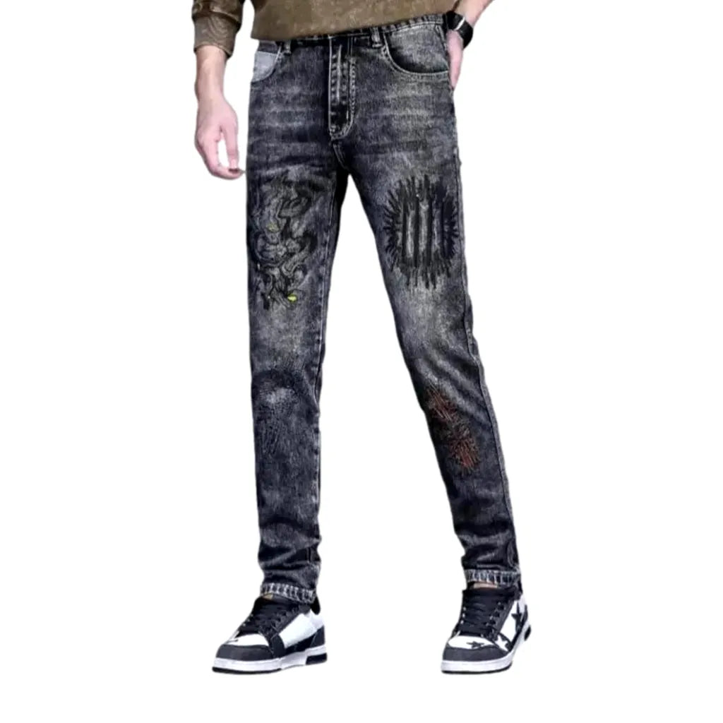 Boho Style Mid Rise Vintage Men's Jeans - Black