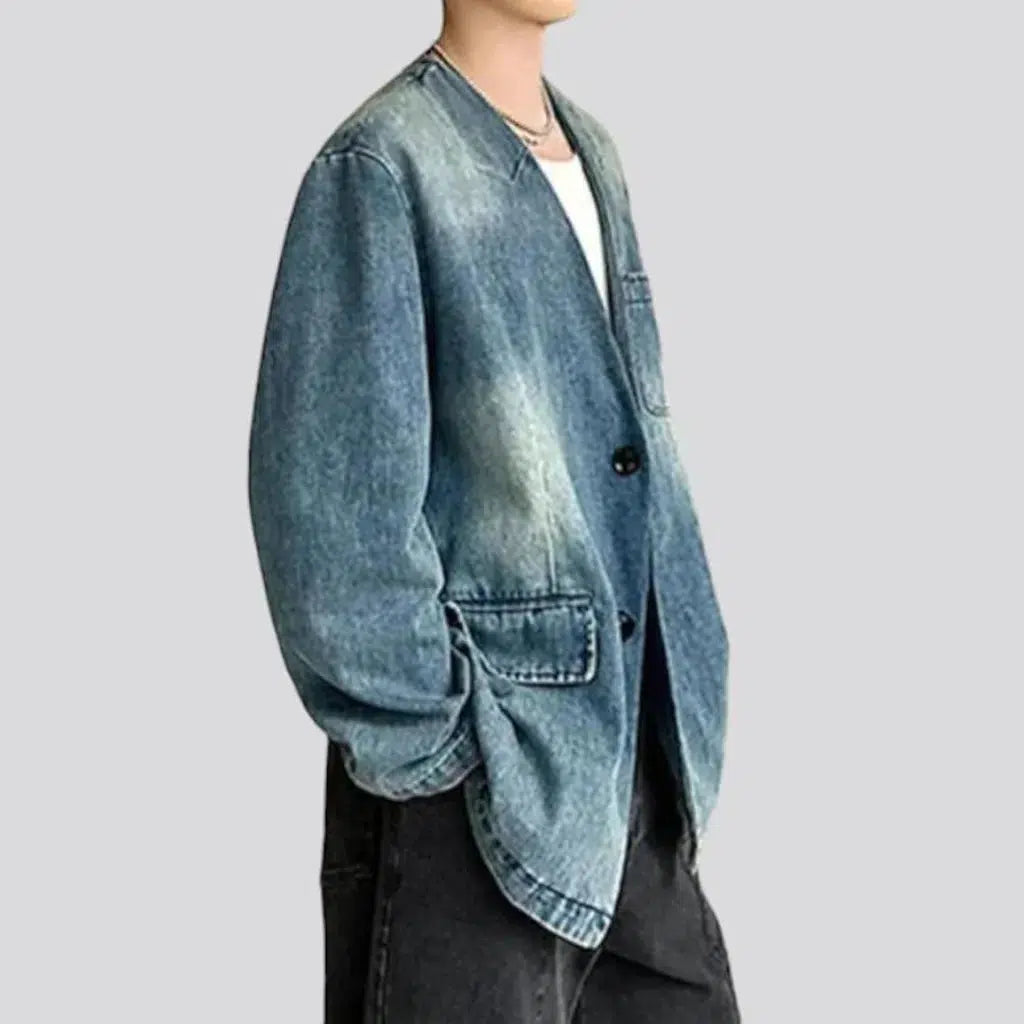 V-neck oversized jean jacket
 for men