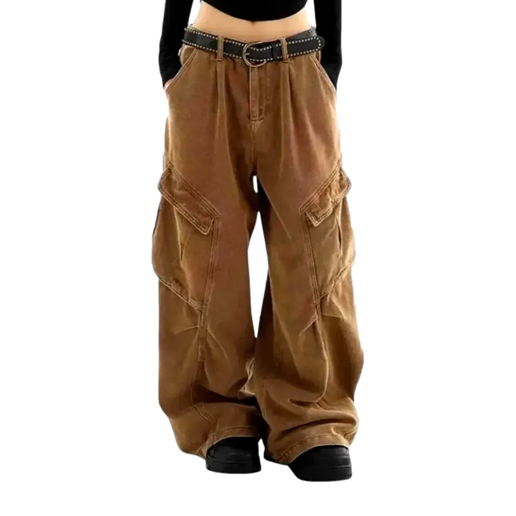 High Rise Baggy Denim Pants for Women - Brown