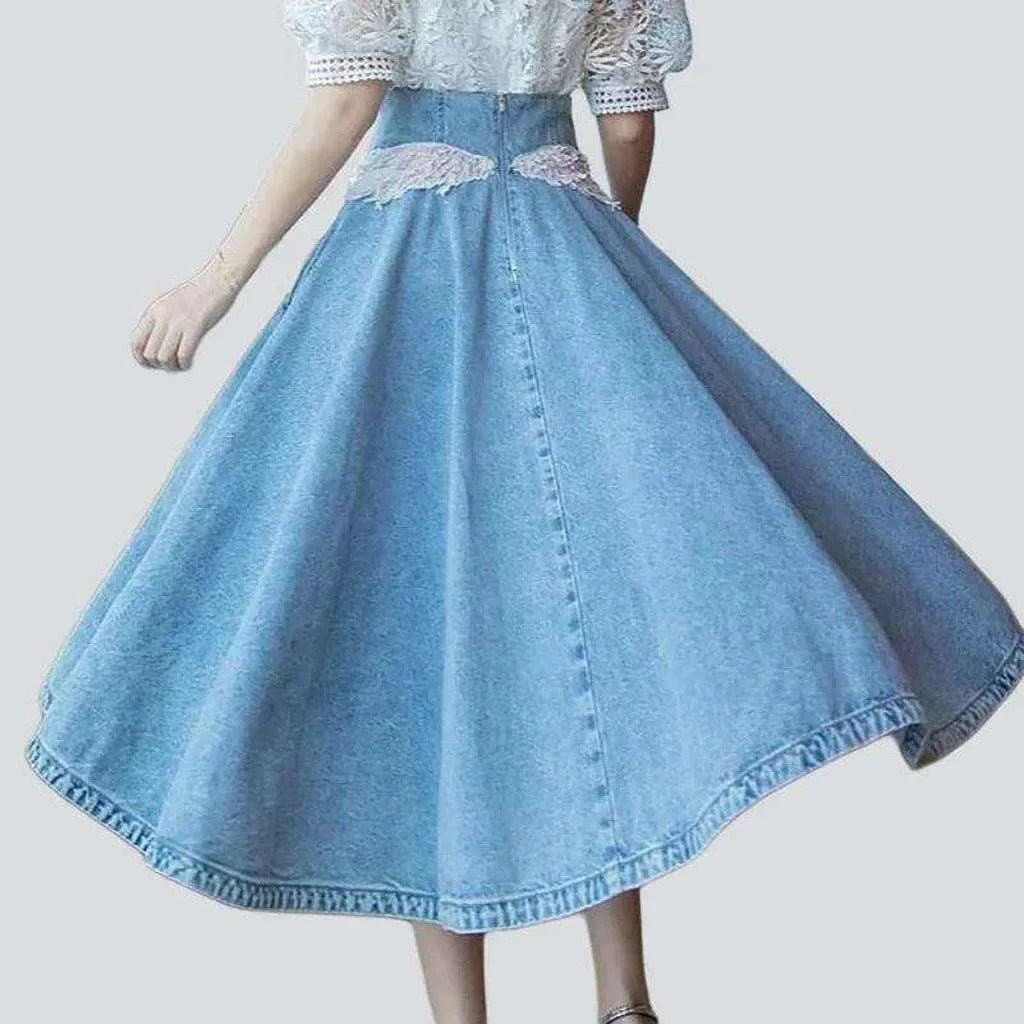 Embroidered waistline flare denim skirt