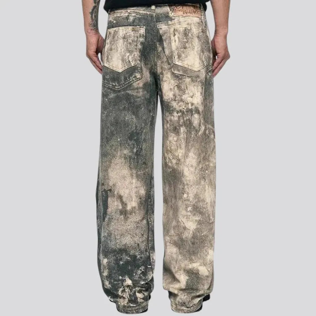 Fashionable painted boho baggy-leg men's jeans