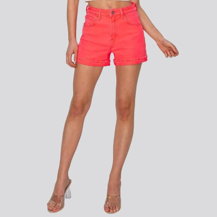 Coral-color women's denim shorts