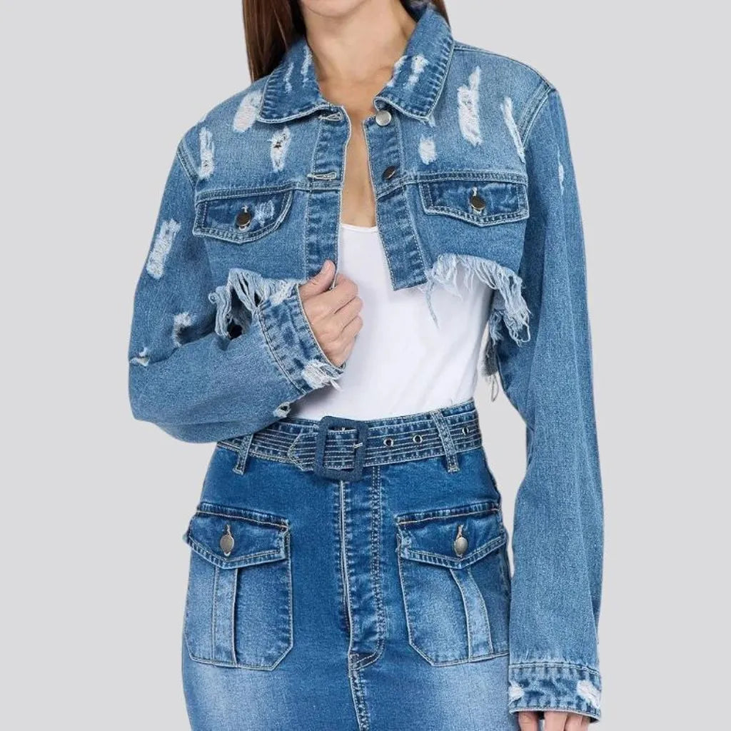 Fashionable frayed denim jacket for women