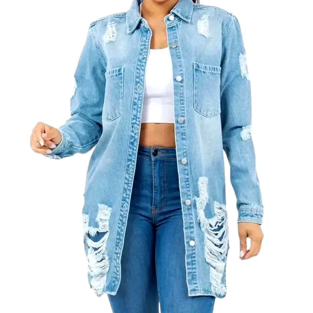 Fashionable Long Fit Denim Shirt for Women - Light Blue