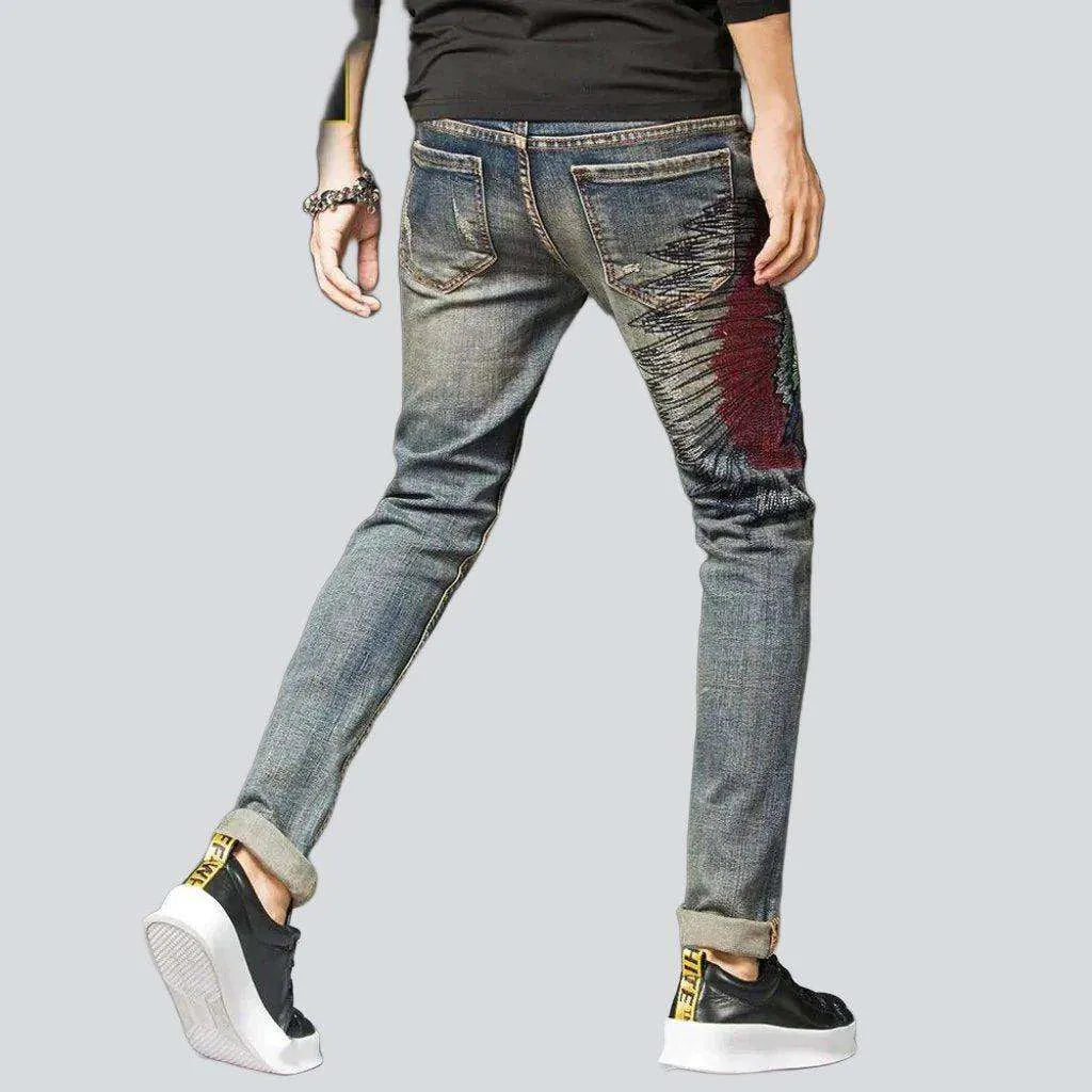 Indian head embroidery men's jeans