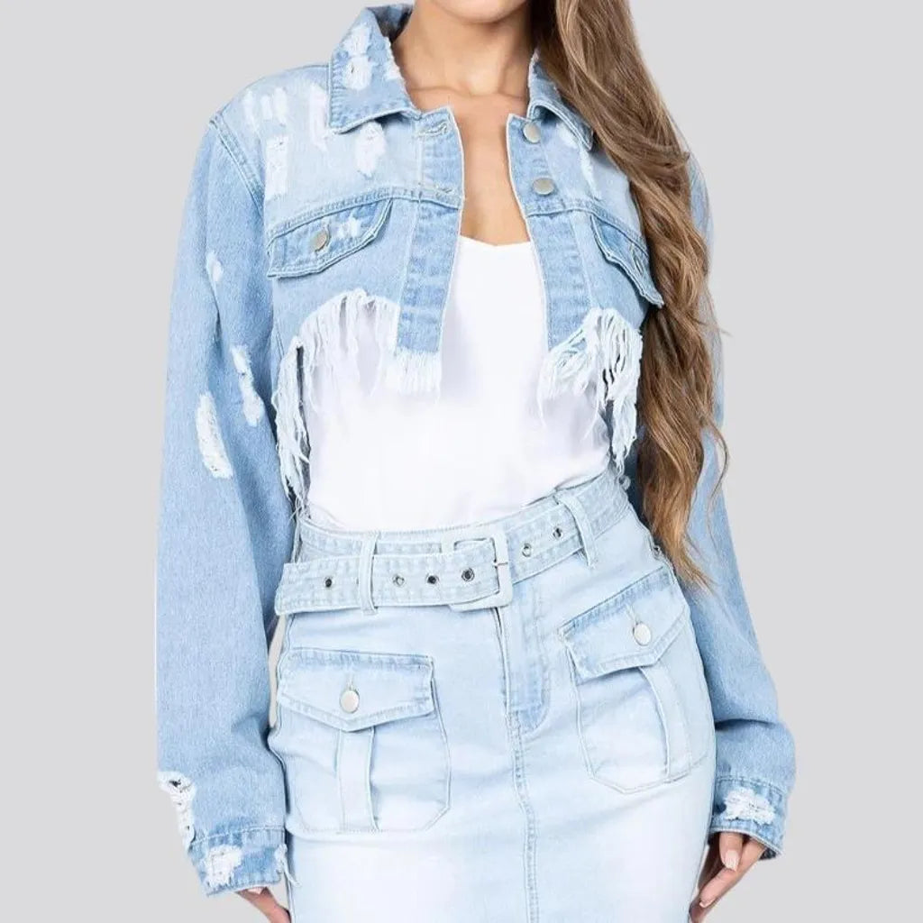 Trendy light wash women's denim jacket