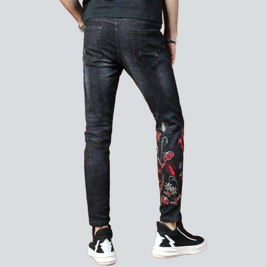 Red embroidery skinny men's jeans