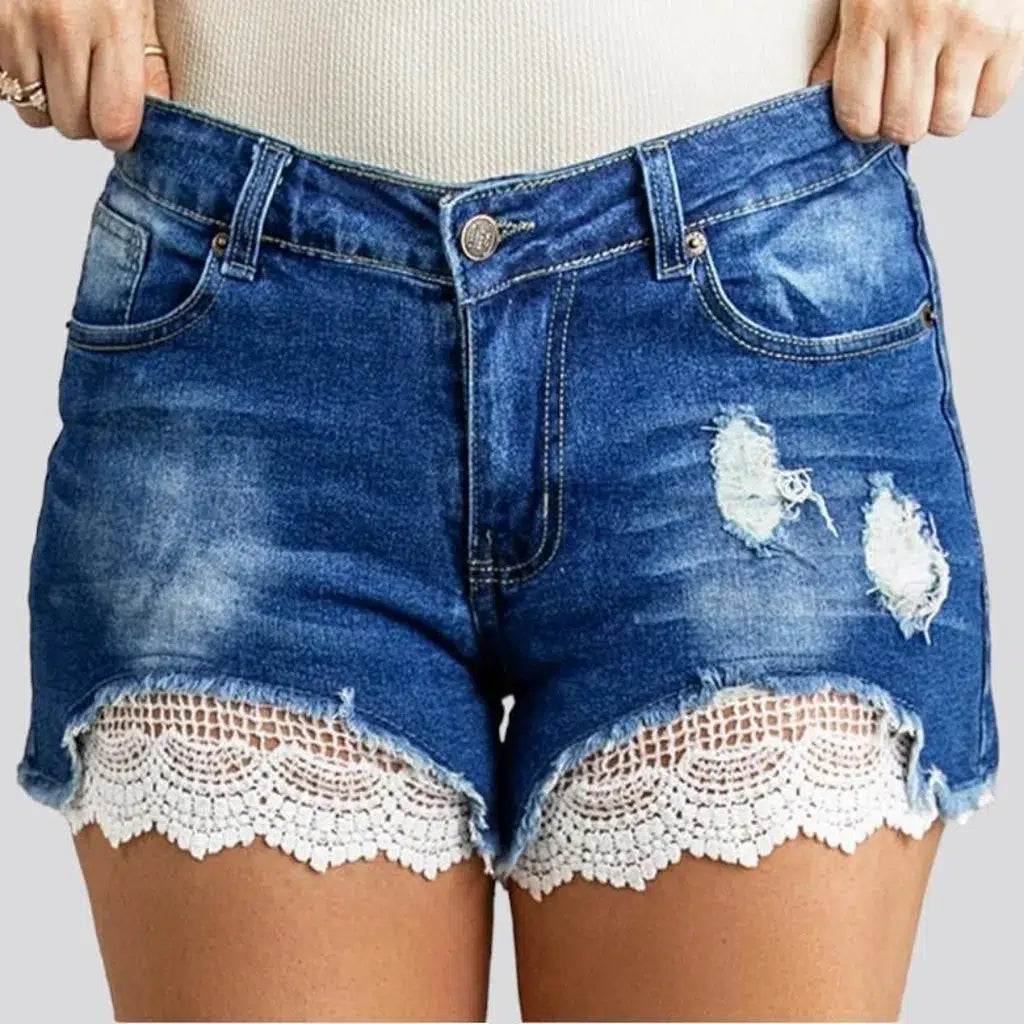 Lace-embroidery boho denim shorts
 for ladies