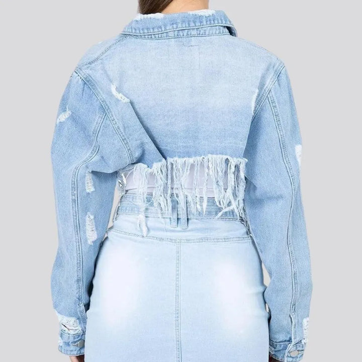 Trendy light wash women's denim jacket