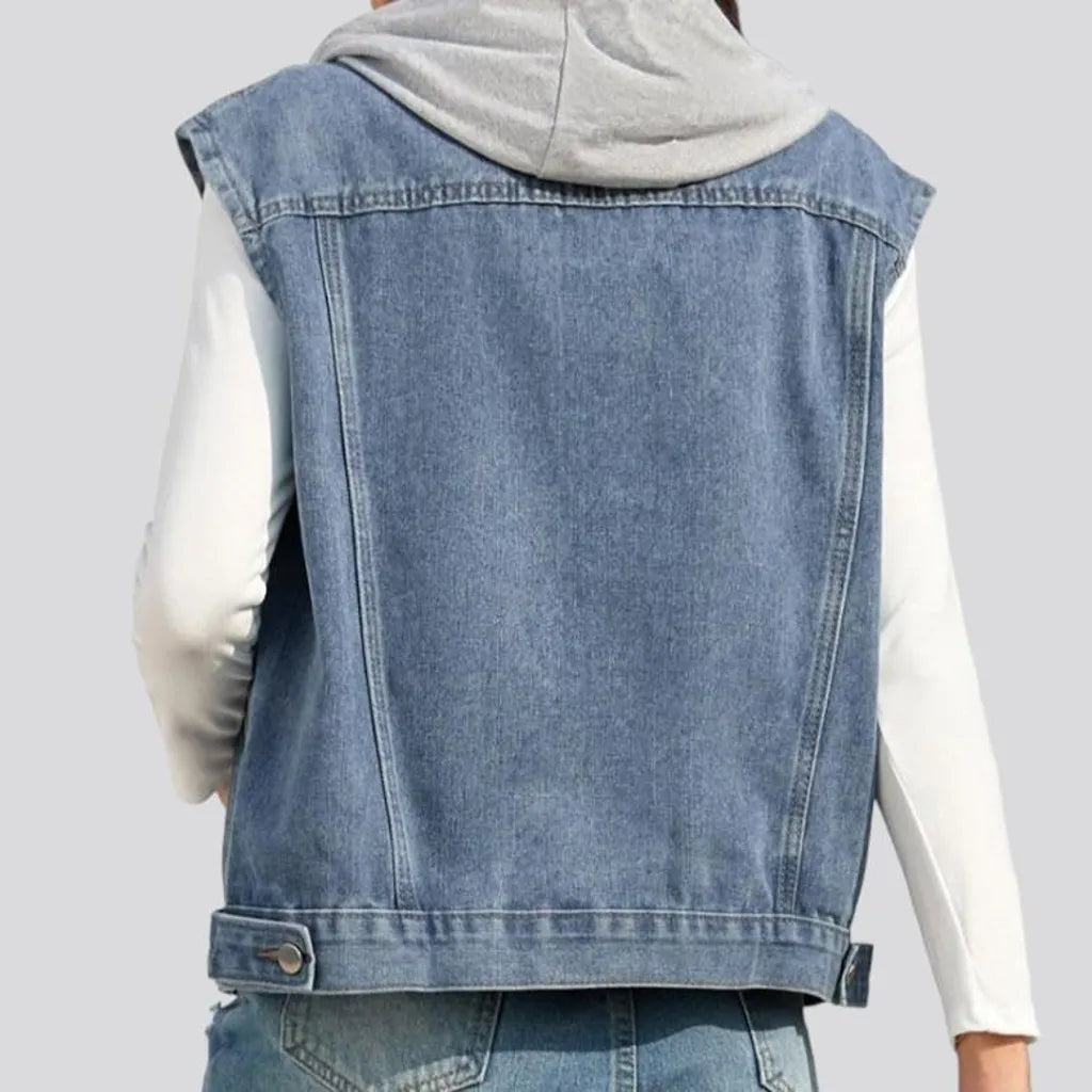 Mixed-fabrics hooded jean vest
 for women