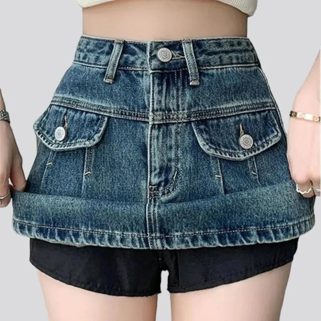 Sanded pleated-pockets jean skort
 for ladies