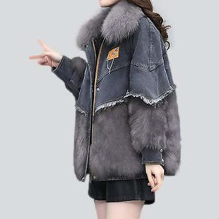 Grey denim jacket with fur