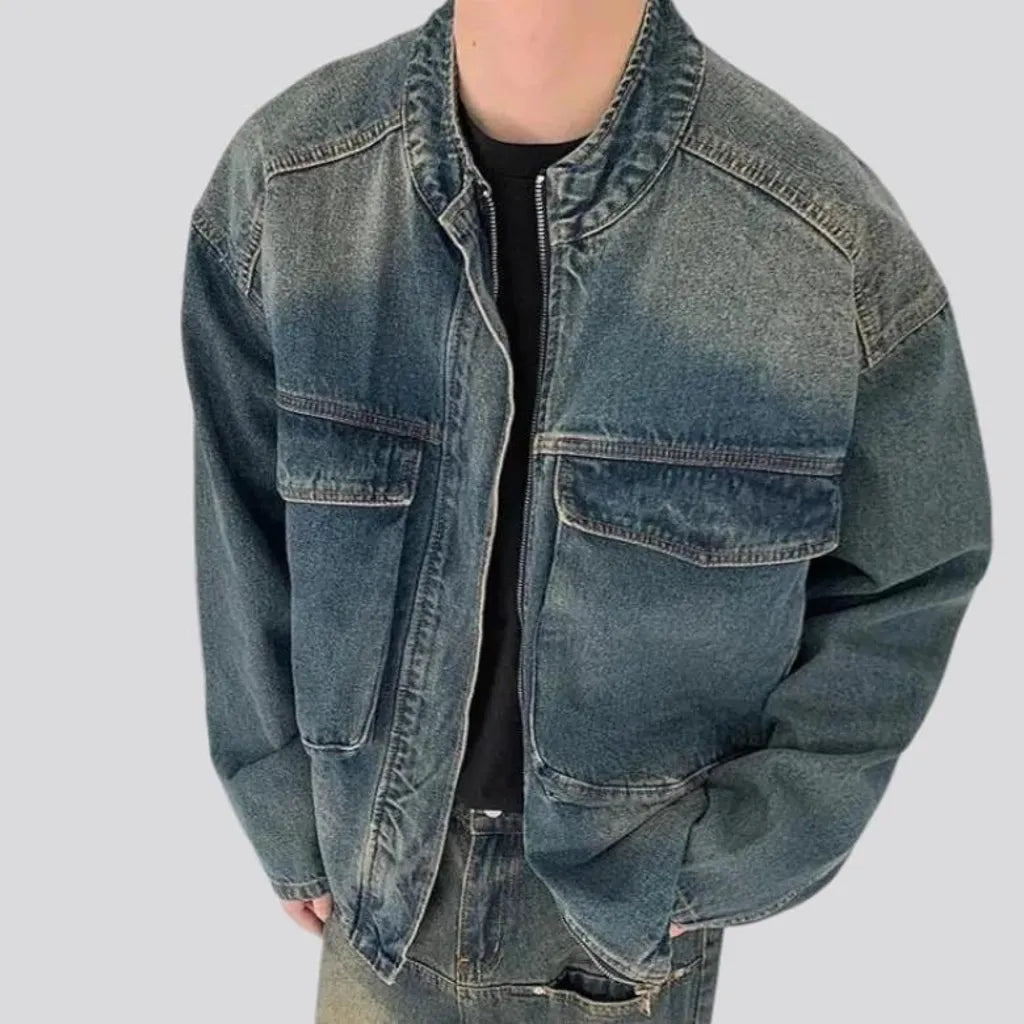 Medium wash grunge street men's denim jacket