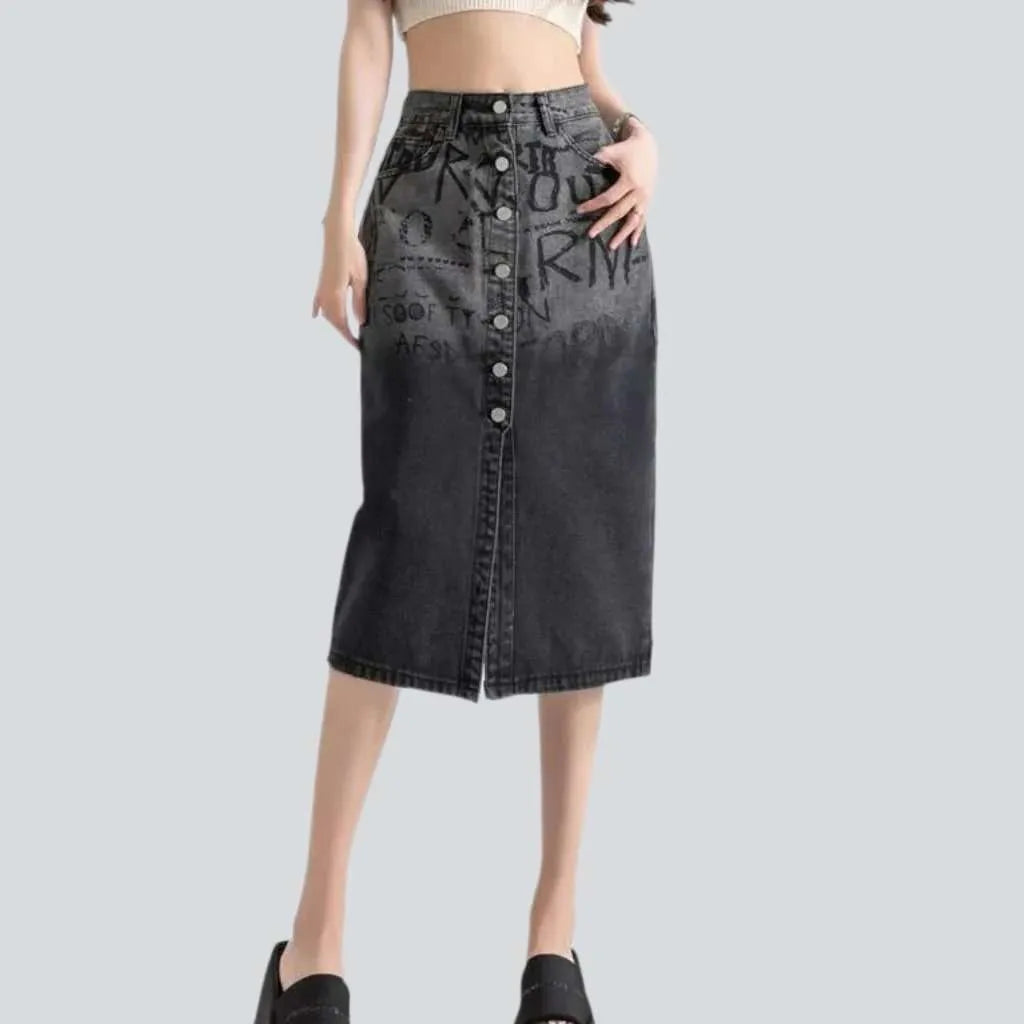 Inscribed contrast grey denim skirt