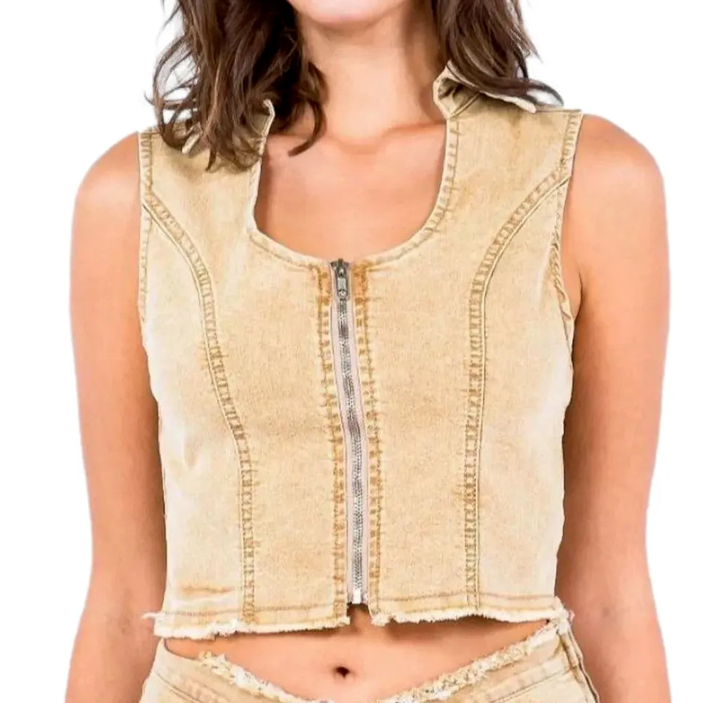 Vintage Style Cropped Denim Vest for Women - Tan