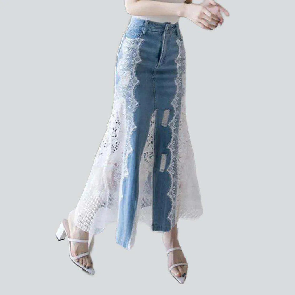 Lace embroidery long denim skirt