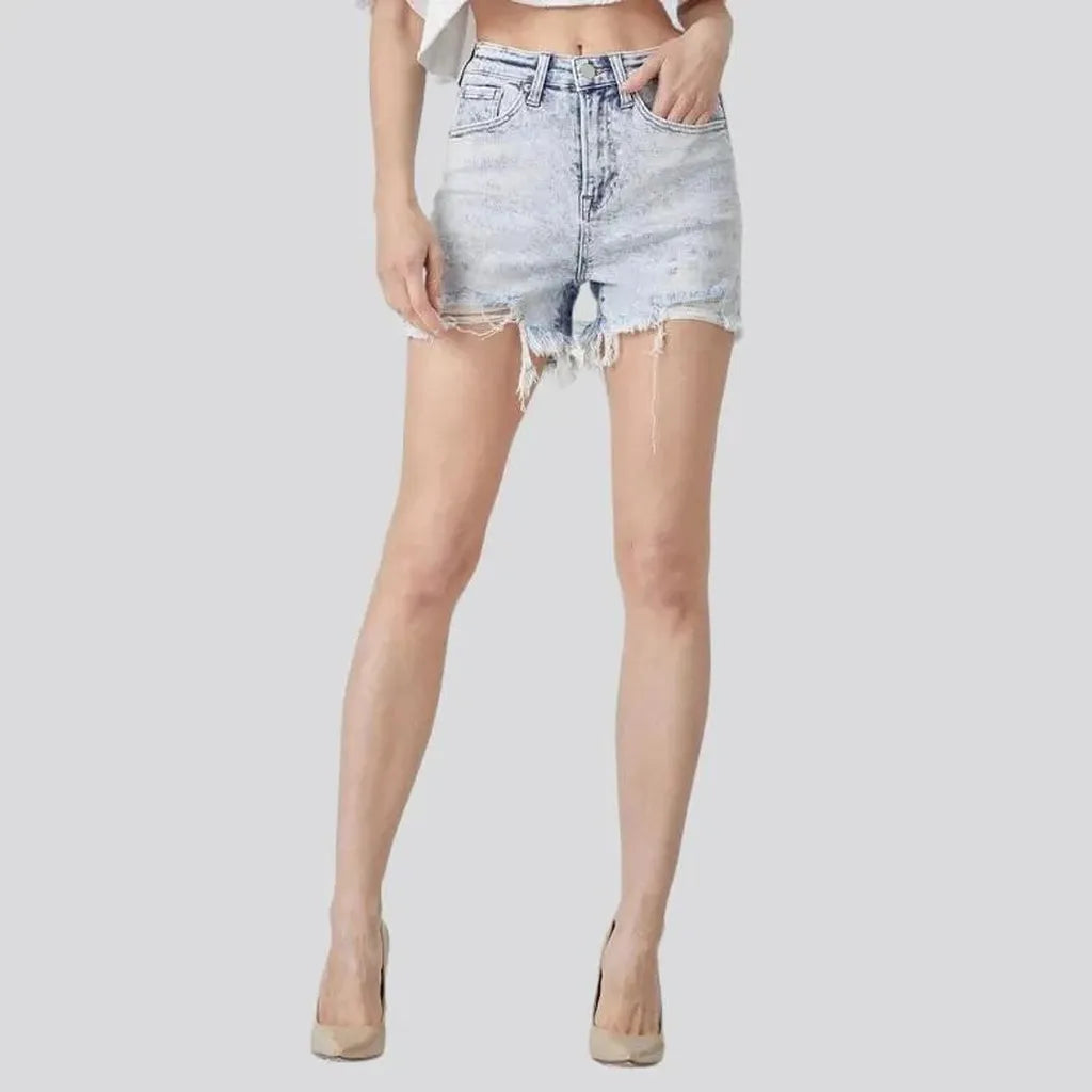 Frayed-hem ice-wash denim shorts for women