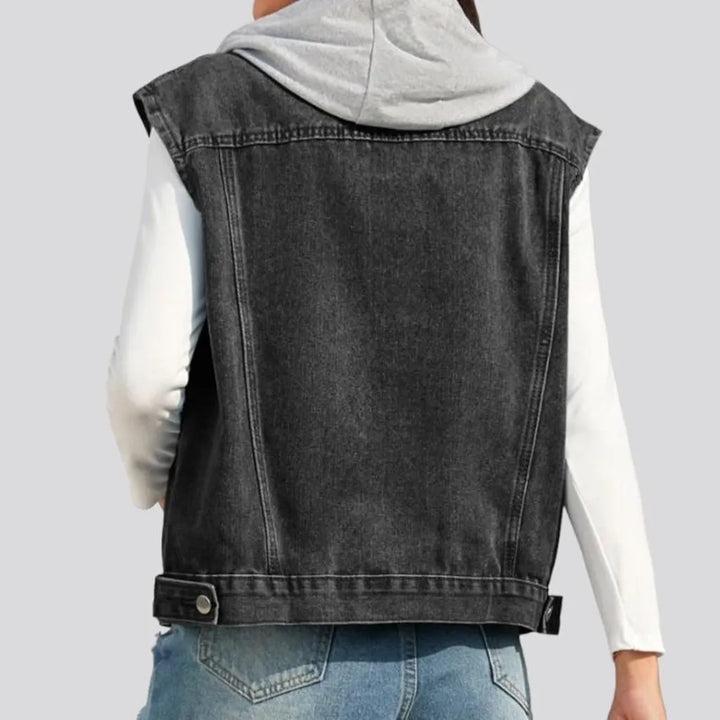 Mixed-fabrics hooded jean vest
 for women