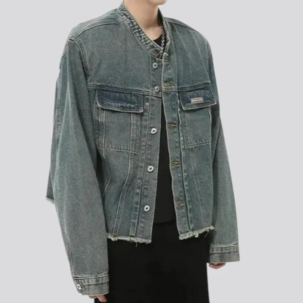 Retro pattern raw hem jeans jacket for men